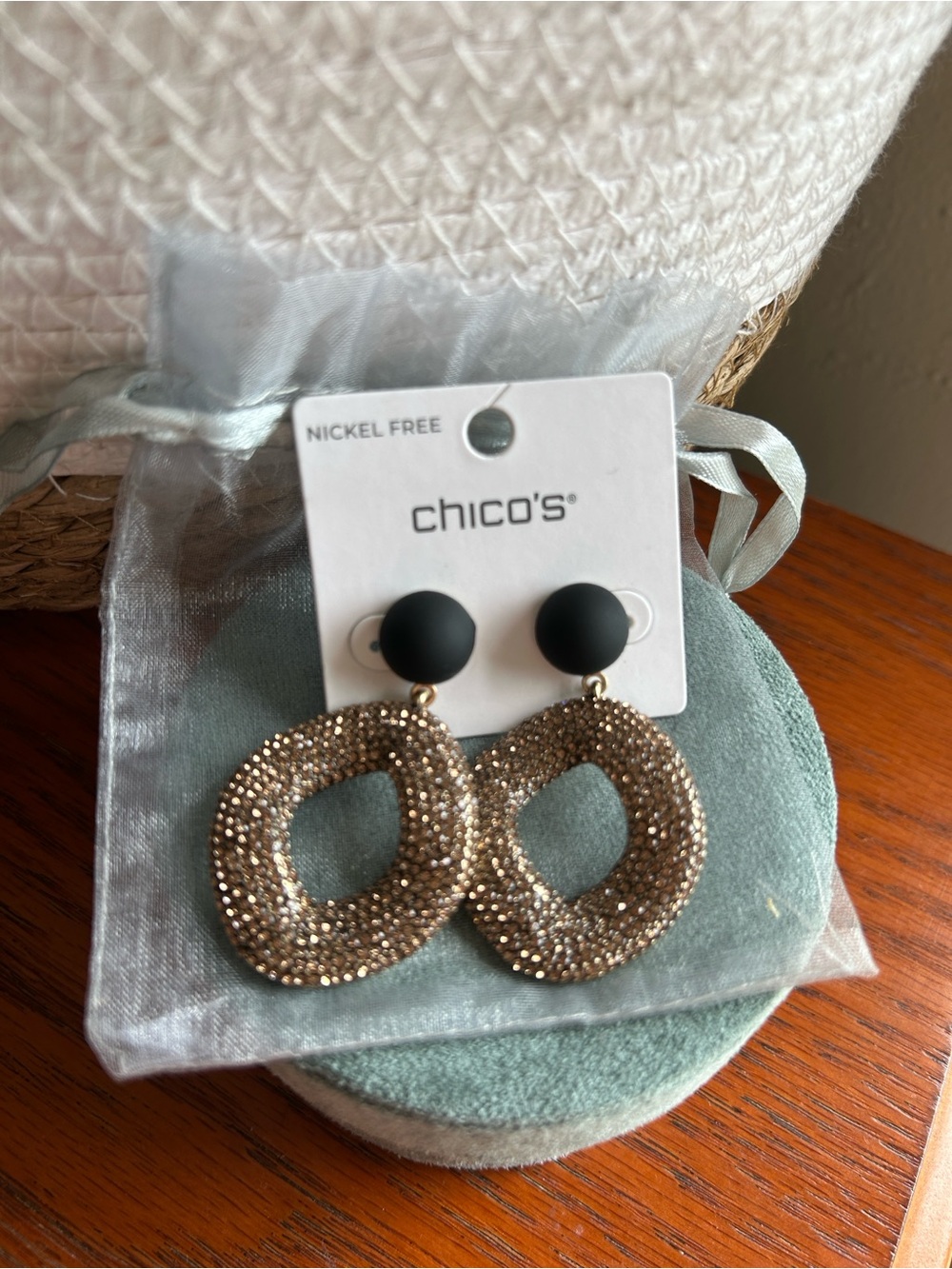 CHICO'S Matte Black Studs with Glittery Bronze Open-Hoop Drops